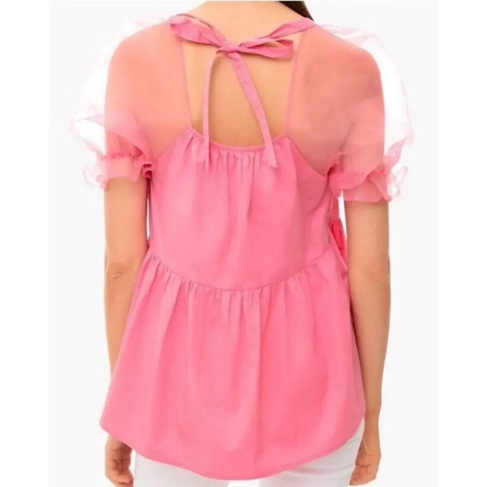 NWOT Pomander Place Tuckernuck Pink Tinsley Top Blouse Sheer Puff Sleeve S - Picture 2 of 3